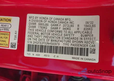 2022 Honda Civic Sport z USA, uszkodzony, nr VIN 2HGFE2F53NH593979